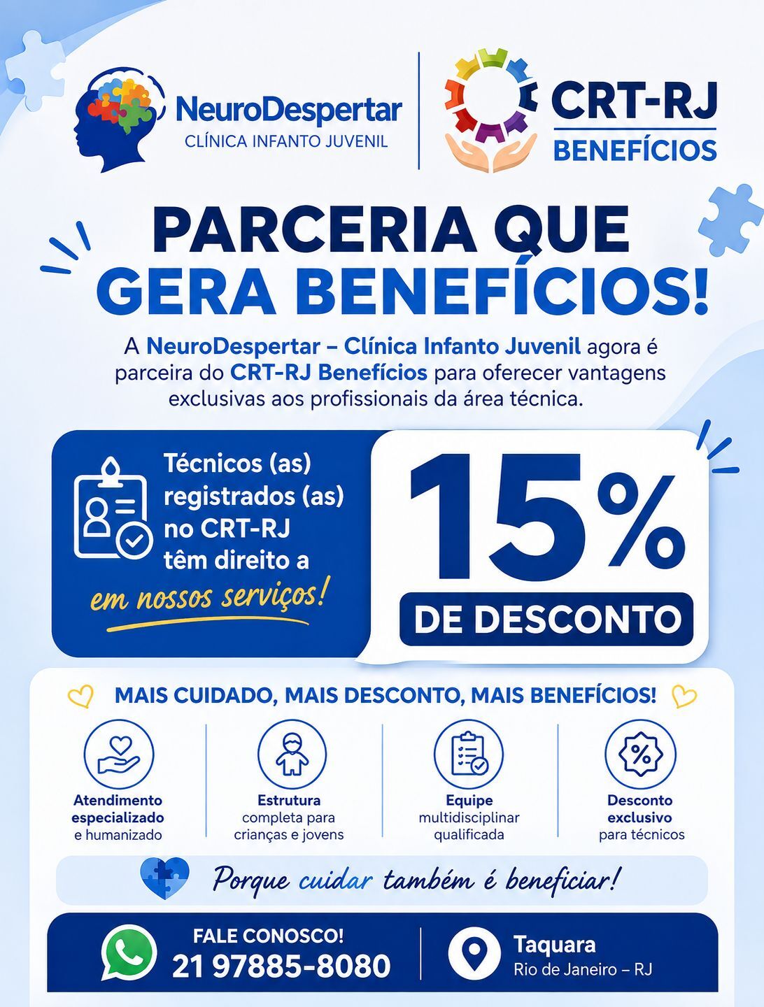 NeuroDespertar Clínica Infanto Juvenil oferece 15% de desconto