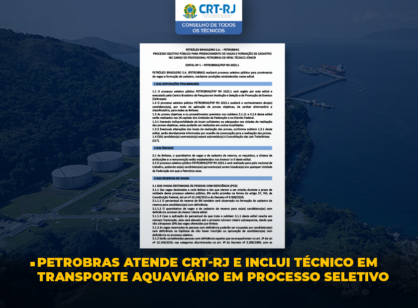 PETROBRAS ATENDE CRT-RJ E INCLUI TÉCNICO EM TRANSPORTE AQUAVIÁRIO EM PROCESSO SELETIVO